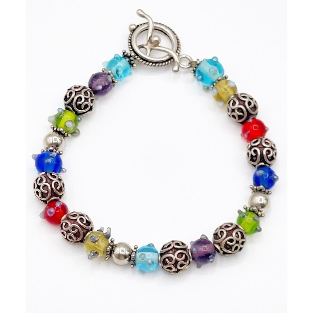 Boho Artisan Glass Bead Bracelet Toggle Clasp Multicolor Festival Jewelry